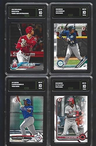 GEM MINT SHOHEI OHTANI JULIO RODRIGUEZ VLADIMIR GUERRERO JR. & ELLY DE LA CRUZ BOWMAN & TOPPS 4 CARD ROOKIE LOT GRADED GMA GEM MINT 10 SUPERSTAR PLAYERS