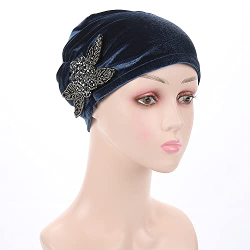 YiYi Operation Women's Stretch Velvet Turban Hat Cancer Chemo Beanie Beaded Flower Hair Wrap Cap Headwear (Gray)