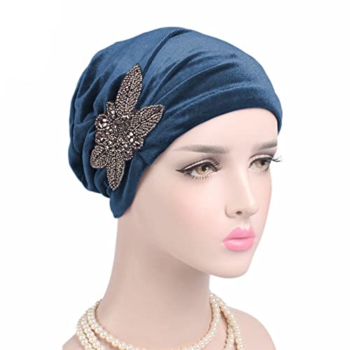 YiYi Operation Women's Stretch Velvet Turban Hat Cancer Chemo Beanie Beaded Flower Hair Wrap Cap Headwear (Gray)