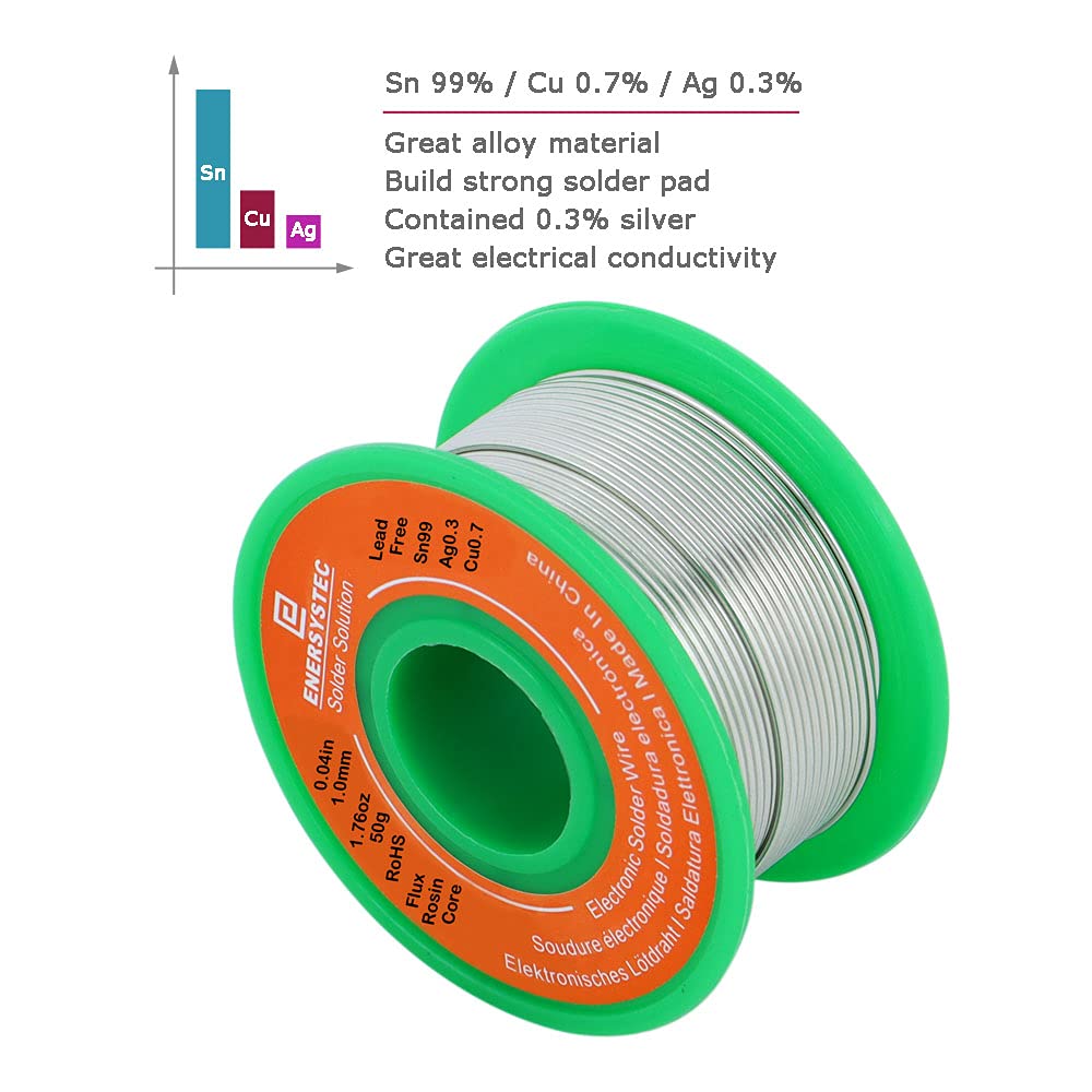 Solder Wire Lead Free Rosin Core Flux 1.0mm Electronics Soldering Diameter 0.04in No Lead 1.76oz 50g Sn99 Ag0.3 Cu0.7 Flow RoHS Electrical Solder Wire Electric Repair Unlead