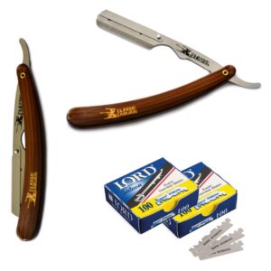 Classic Samurai Stainless Steel Professional Barber Folding Straight Edge Razor Shavette Men's Shaving Kit with 200 Count Lord Single Edge Razor Blades (Brown)