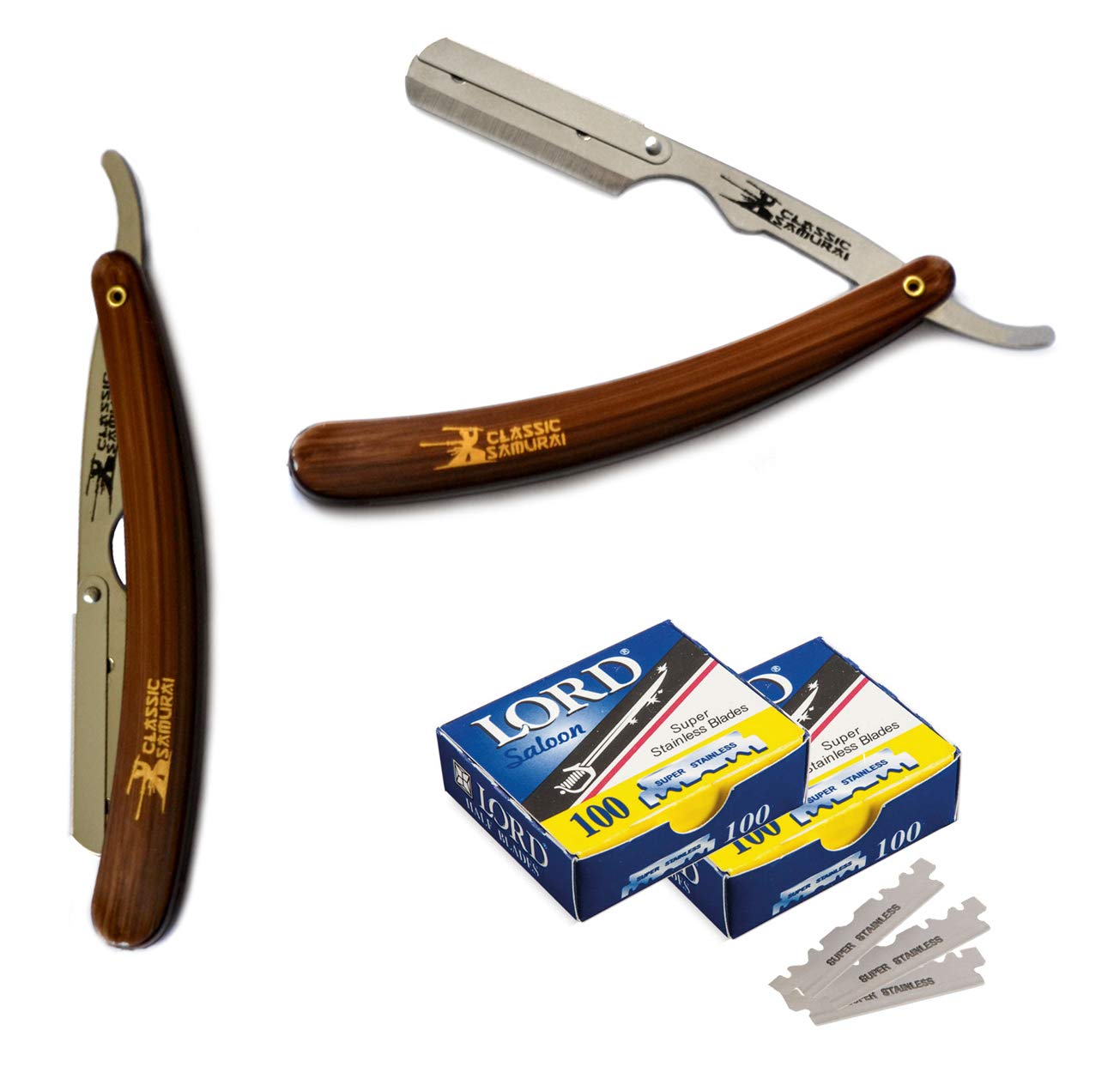 Classic Samurai Stainless Steel Professional Barber Folding Straight Edge Razor Shavette Men's Shaving Kit with 200 Count Lord Single Edge Razor Blades (Brown)