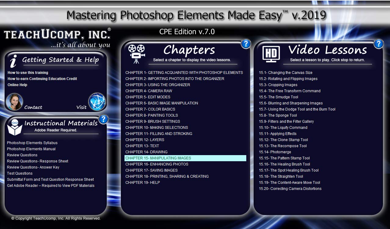 TEACHUCOMP DELUXE Video Training Tutorial Course for Adobe Photoshop Elements 2019- Video Lessons, PDF Instruction Manual, Quick Reference Guide, Testing, Exam, Certificate of Completion