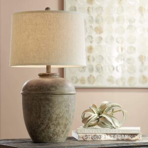 john timberland otero rustic southwestern style table lamp 27" tall gray faux mottled stone jug cream linen drum shade decor for living room bedroom bedside nightstand office entryway reading