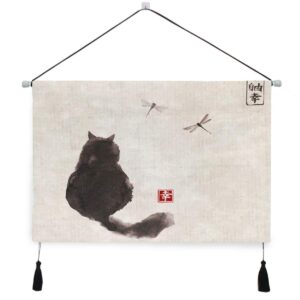 yyzzh black fluffy cat watch dragonfly on vintage paper japanese ink painting hanging canvas print wall art decor 17.5"x24.5" poster artwork painting prints home decor for bedroom living room