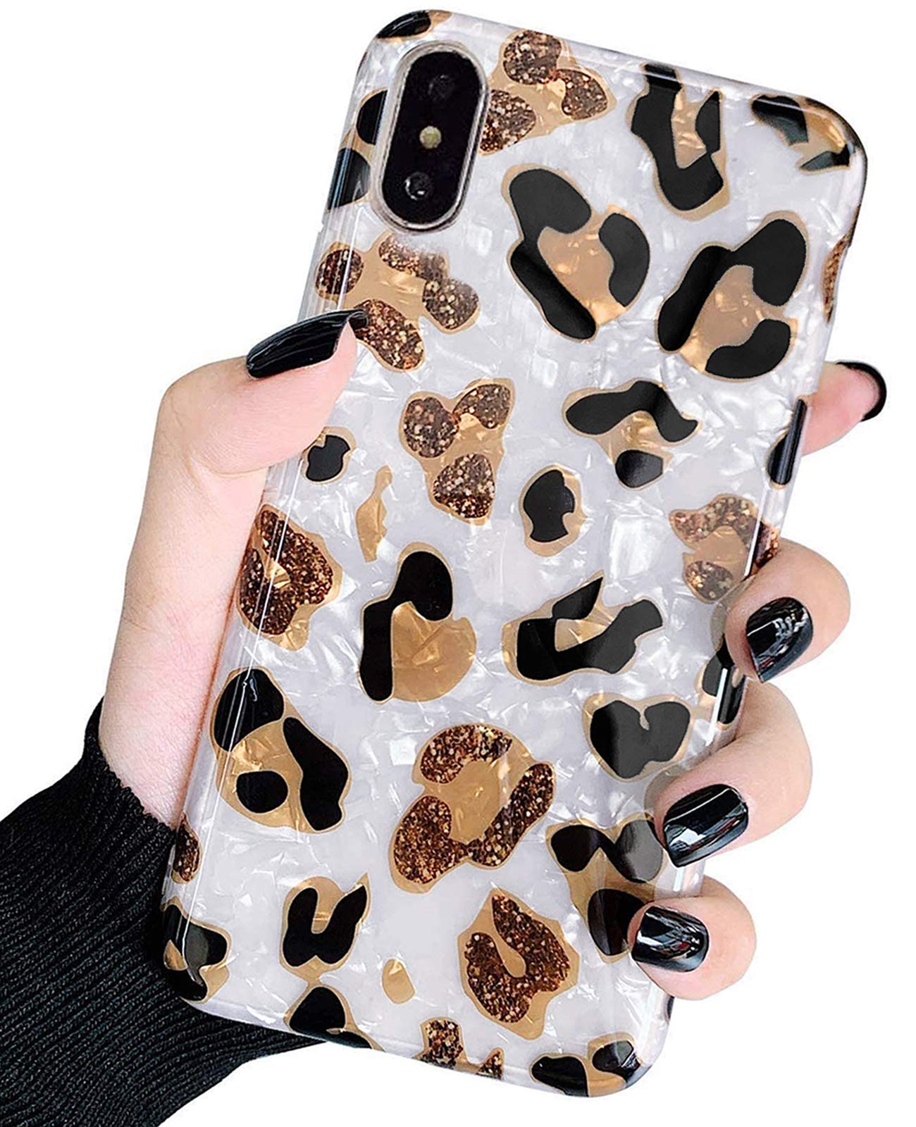 J.west iPhone Xs Max Case,Luxury Sparkle Bling Leopard Print Cheetah Pattern Design Translucent Soft TPU Silicone Protective Phone Case Cover for Girls Women for Apple iPhone Xs Max 6.5 inch (White)