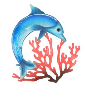hongland metal dolphin with coral wall decor indoor art sculpture hanging glass decorations blue for home garden bedroom