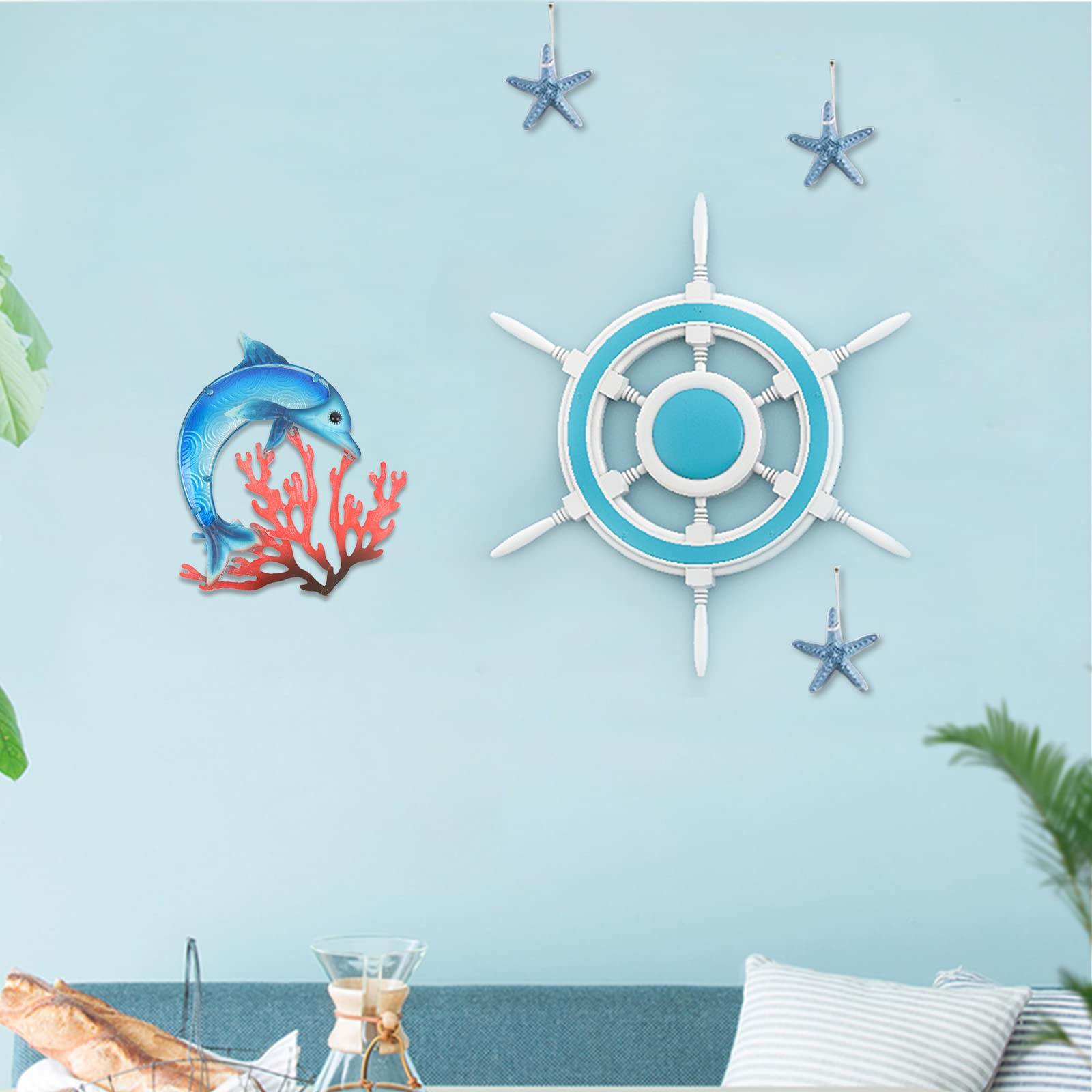 HONGLAND Metal Dolphin with Coral Wall Decor Indoor Art Sculpture Hanging Glass Decorations Blue for Home Garden Bedroom