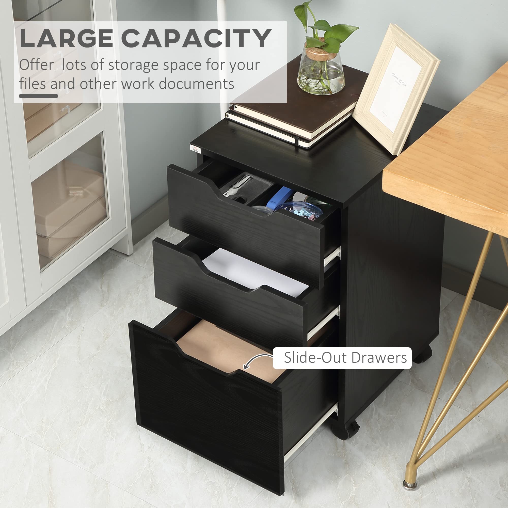 HOMCOM 3 Drawer Mobile File Cabinet, Rolling Printer Stand, Vertical Filing Cabinet, Black Wood Grain