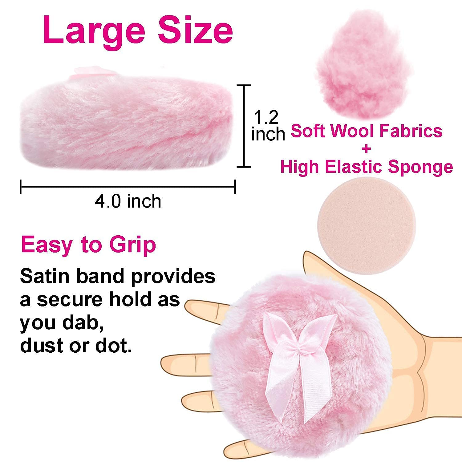 Large Fluffy Powder Puff, Body Cosmetic Powder Puff, Soft Face Body Powder Puff for Baby& Kid& Adult (4 Inch, Pink)