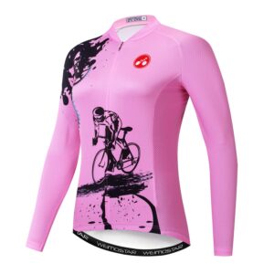 weimostar women's cycling jersey long sleeve racing shirt bicycle bike girl sportswear clothing pink gear size m