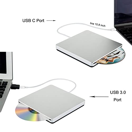 External CD DVD Drive USB C CD DVD Burner/Writer Slim Portable Slot in CD DVD Reader for MacBook Pro/Air/Mac/Laptop/Windows10 (Sliver)