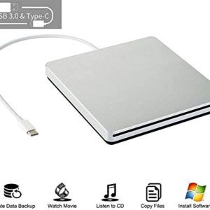 External CD DVD Drive USB C CD DVD Burner/Writer Slim Portable Slot in CD DVD Reader for MacBook Pro/Air/Mac/Laptop/Windows10 (Sliver)