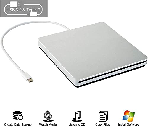 External CD DVD Drive USB C CD DVD Burner/Writer Slim Portable Slot in CD DVD Reader for MacBook Pro/Air/Mac/Laptop/Windows10 (Sliver)