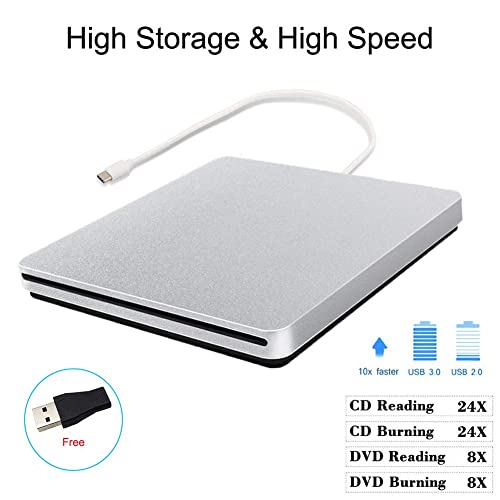 External CD DVD Drive USB C CD DVD Burner/Writer Slim Portable Slot in CD DVD Reader for MacBook Pro/Air/Mac/Laptop/Windows10 (Sliver)