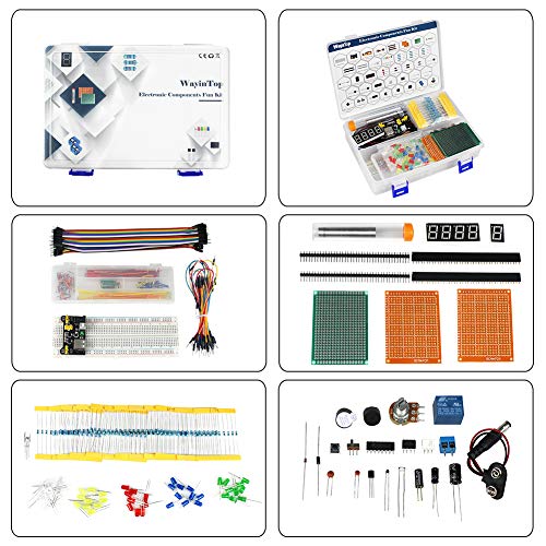 WayinTop Electronics Component Fun Kit w/E-Book, Upgraded Electronic Starter Kit with Breadboard Jumper Wires Kit, PCB Soldering Kit, LEDs & Resisitor Kit for Arduino/for Raspberry pi/ESP32/ESP8266