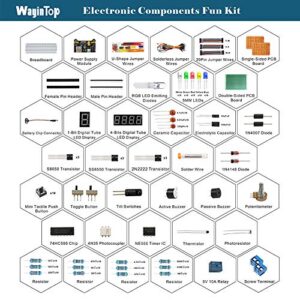 WayinTop Electronics Component Fun Kit w/E-Book, Upgraded Electronic Starter Kit with Breadboard Jumper Wires Kit, PCB Soldering Kit, LEDs & Resisitor Kit for Arduino/for Raspberry pi/ESP32/ESP8266