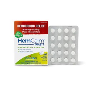 boiron hemcalm hemorrhoid relief tablets for itchy burning pain, swelling and discomfort, white, 60 count