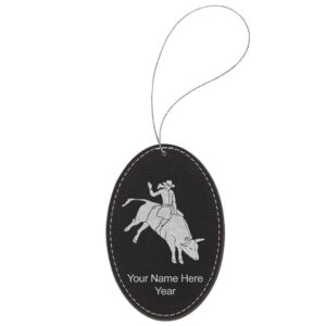 LaserGram Faux Leather Christmas Ornament, Bull Rider Cowgirl, Personalized Engraving Included (Black with Silver, Oval)