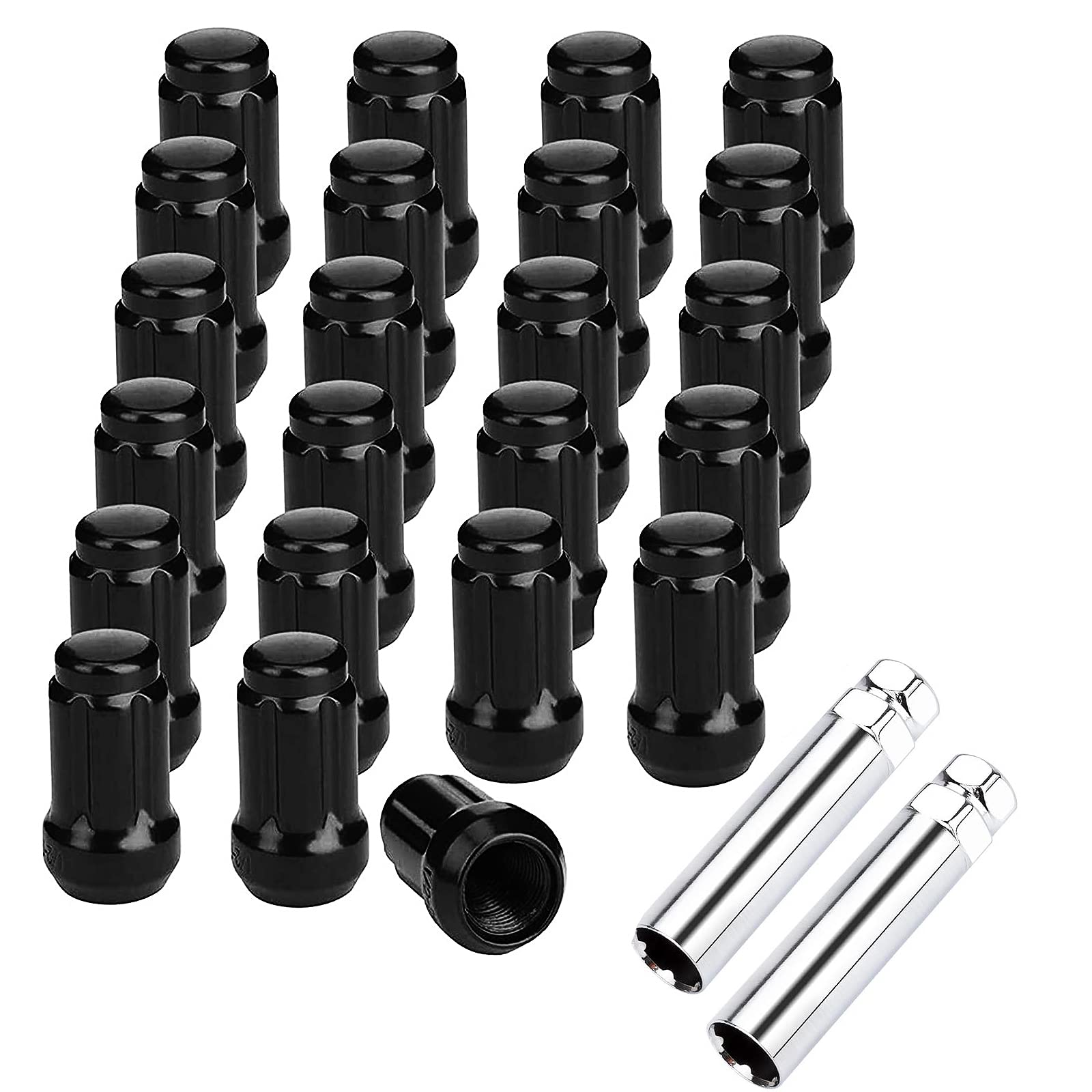 NPAUTO Wheel Lug Nuts 1/2'' x20 Thread, Conical Bulge Seat, Closed End Bulge Acorn Spline 1.38" Tall 3/4" Hex Fit for Wrangler, Ford Explorer F-150 Mustang, Impala, Dodge Dakota (Pack of 23+2, Black)