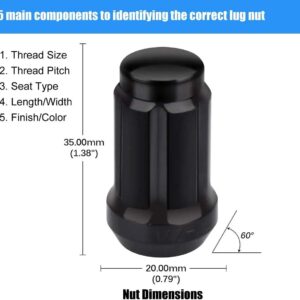 NPAUTO Wheel Lug Nuts 1/2'' x20 Thread, Conical Bulge Seat, Closed End Bulge Acorn Spline 1.38" Tall 3/4" Hex Fit for Wrangler, Ford Explorer F-150 Mustang, Impala, Dodge Dakota (Pack of 23+2, Black)