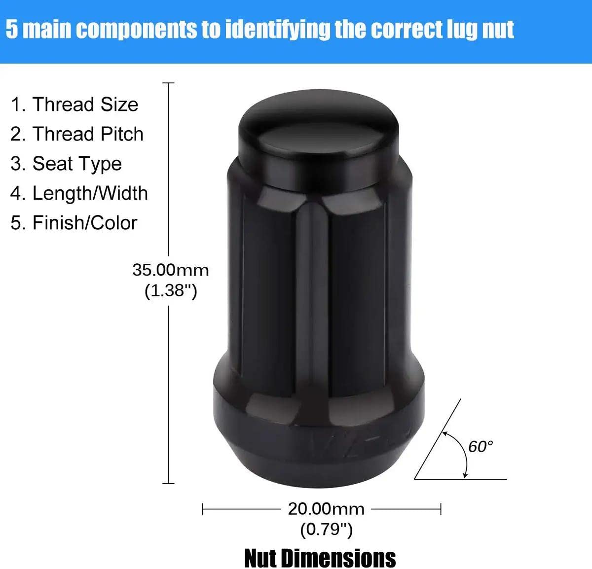 NPAUTO Wheel Lug Nuts 1/2'' x20 Thread, Conical Bulge Seat, Closed End Bulge Acorn Spline 1.38" Tall 3/4" Hex Fit for Wrangler, Ford Explorer F-150 Mustang, Impala, Dodge Dakota (Pack of 23+2, Black)