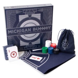 brybelly michigan rummy deluxe edition - strategic mix of hearts, rummy, and a poker set - betting & bluffing classic board games - 24-inch rummy royal game mat, 200 poker chips, tripoley card game