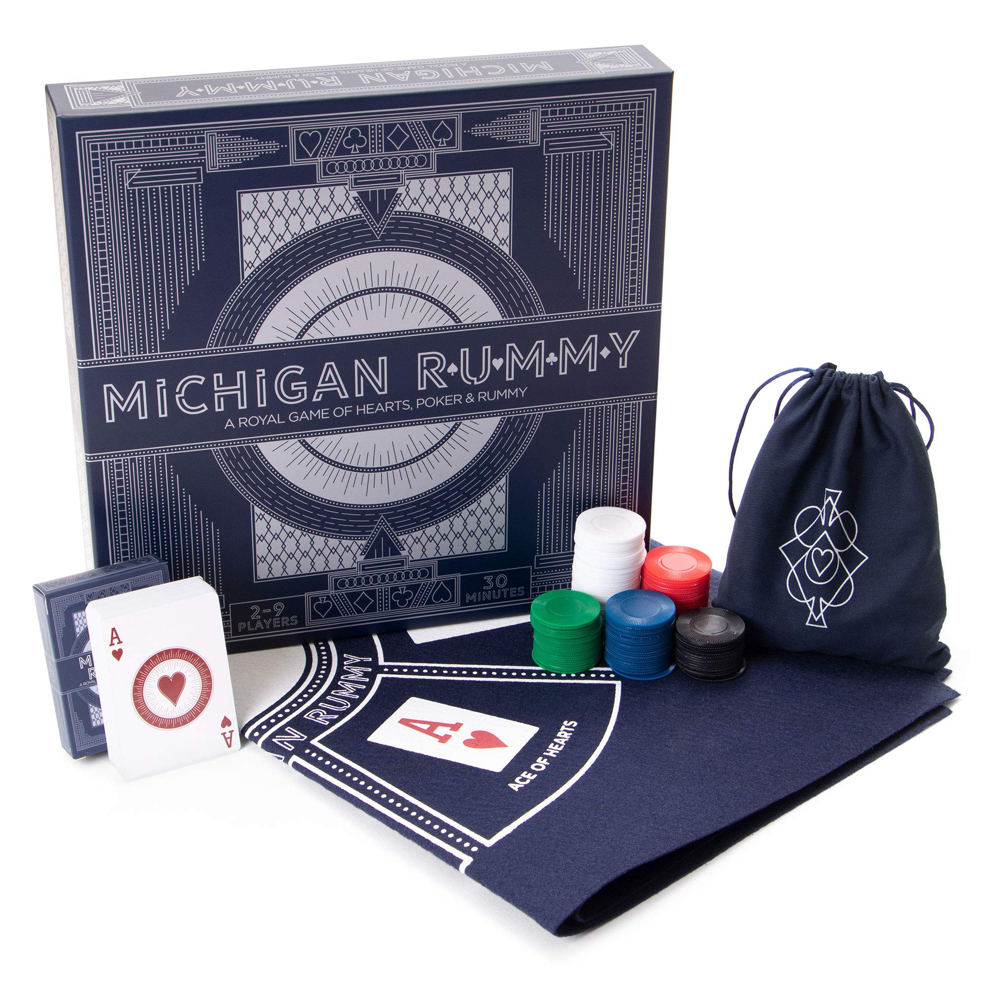 Brybelly Michigan Rummy Deluxe Edition - Strategic Mix of Hearts, Rummy, and a Poker Set - Betting & Bluffing Classic Board Games - 24-inch Rummy Royal Game Mat, 200 Poker Chips, Tripoley Card Game