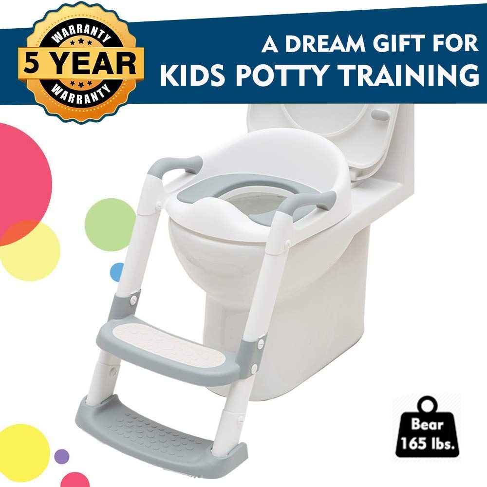 EGREE Potty Training Toilet Chair Seat with Step Ladder for Kids and Toddler Boys Girls - Soft Padded Seat with Foldable Wide Step and Safety Handles - Grey and White