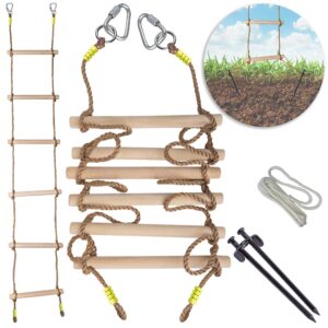 wooden rope ladder for kids with ground anchoring - lenght 6.5'(2m) width 16"(40cm) - outdoor or indoor climbing rope ladder for ninja slackline, backyard, playground, home gym, park, treehouse