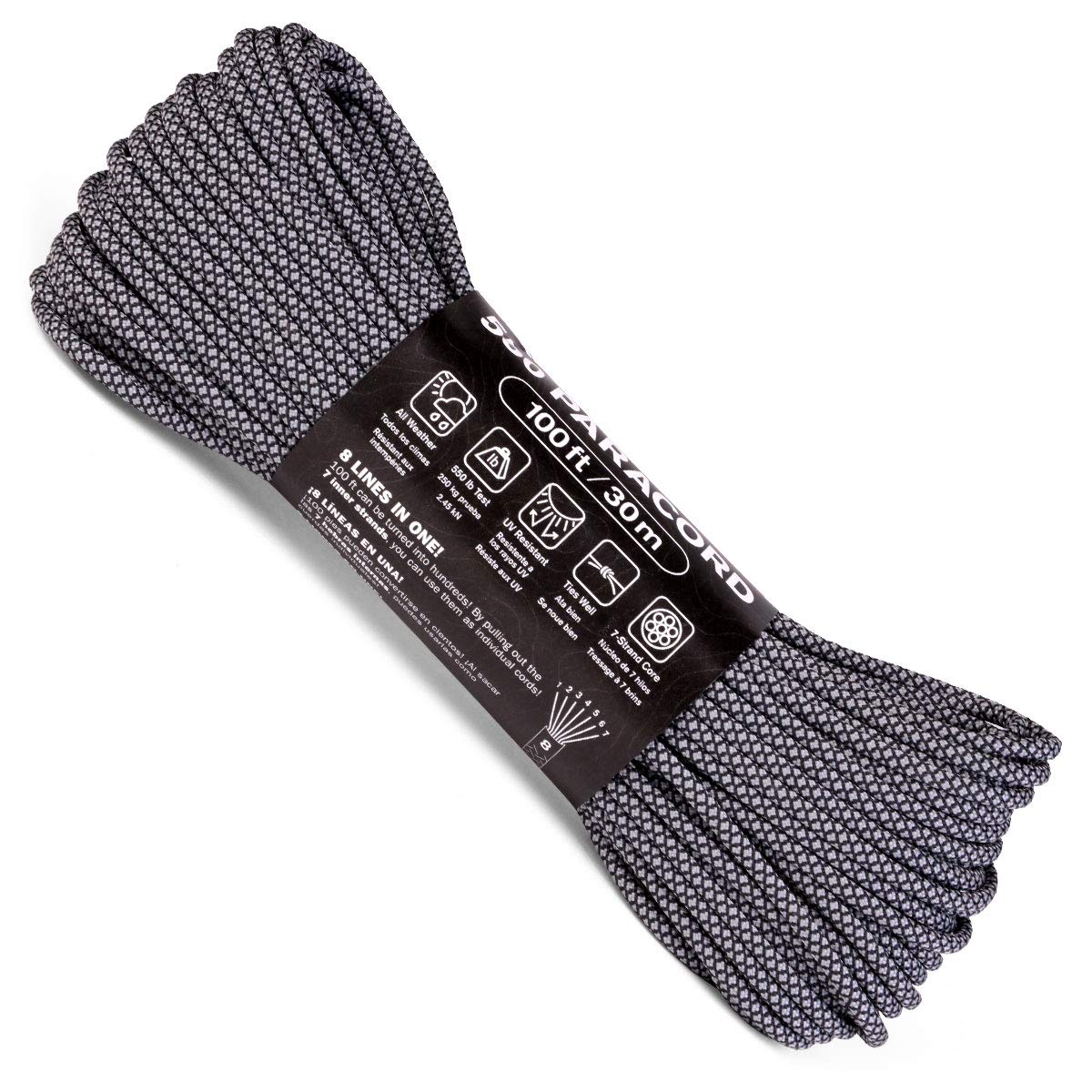 Atwood Rope MFG 550 Paracord 100 Feet 7-Strand Core Nylon Parachute Cord Outside Survival Gear Made in USA | Lanyards, Bracelets, Handle Wraps, Keychain (Grey and Black Diamonds)