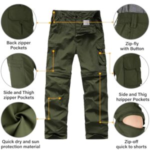 linlon Kids' Cargo Pants, Boy's Casual Outdoor Quick Dry Waterproof Hiking Climbing Convertible Trousers #9016-Army Green-L