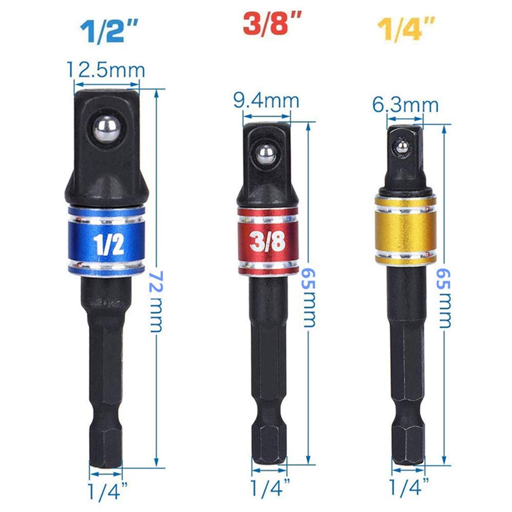 Impact Grade Driver Sockets Adapter Extension Set Drill Bit+Right Angle Drill,3Pcs 1/4 3/8 1/2" Universal Socket Adapter Set,105 Degree Right Angle Screwdriver set Drill Hex Bit Socket Adapter