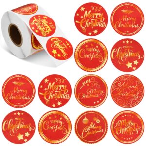 500 pieces outus merry christmas stickers labels christmas circle label envelope seal sticker 1.38in adhesive xmas decor supplies with snowflake christmas elements for envelope bag (red)