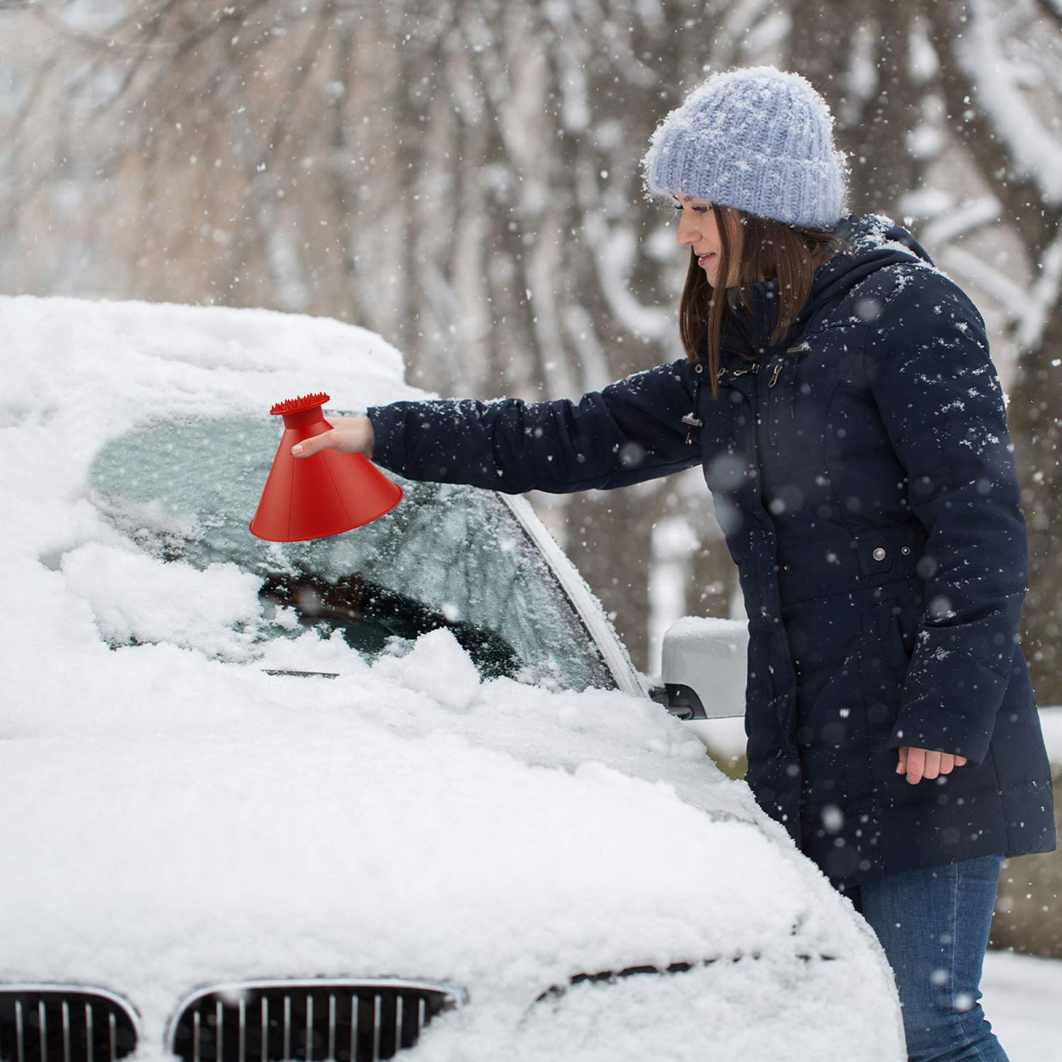 Magical Car Ice Scraper with Funnel,2 Pack Cone Windshield Ice Scrapers,Round Snow Scraper for Car(Red)