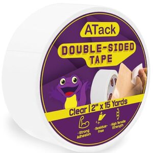 atack clear double-sided tape, 2" x 15 yards, tear by hand, wall safe heavy-duty double sides self sticky wall fabric tape for wood templates, furniture, leather, curtains and craft