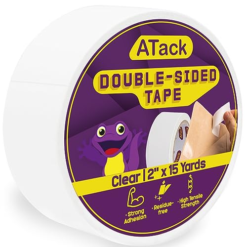 ATack Clear Double-Sided Tape, 2" x 15 Yards, Tear by Hand, Wall Safe Heavy-Duty Double Sides Self Sticky Wall Fabric Tape for Wood Templates, Furniture, Leather, Curtains and Craft