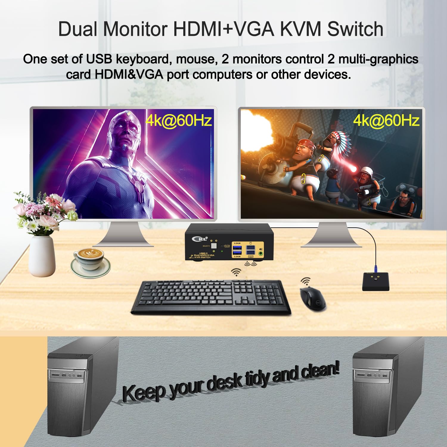 HDMI + VGA KVM Switch Dual Monitor Extended Display 2 Port with Audio and USB 3.0 HUB, CKL Dual View PC Monitor Keyboard Mouse Selector Box for Computers and Laptops