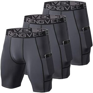 zengvee compression shorts men 3 pack with pocket running short mens gym,workout,cycling,swimming,yoga,climbing,-(1011-3grey-m)