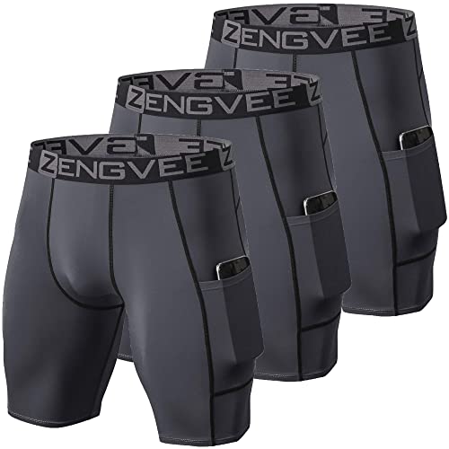 ZENGVEE Compression Shorts Men 3 Pack with Pocket Running Short Mens Gym,Workout,Cycling,Swimming,Yoga,Climbing,-(1011-3Grey-M)