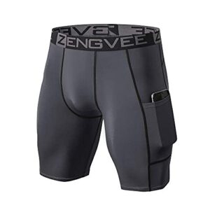 ZENGVEE Compression Shorts Men 3 Pack with Pocket Running Short Mens Gym,Workout,Cycling,Swimming,Yoga,Climbing,-(1011-3Grey-M)