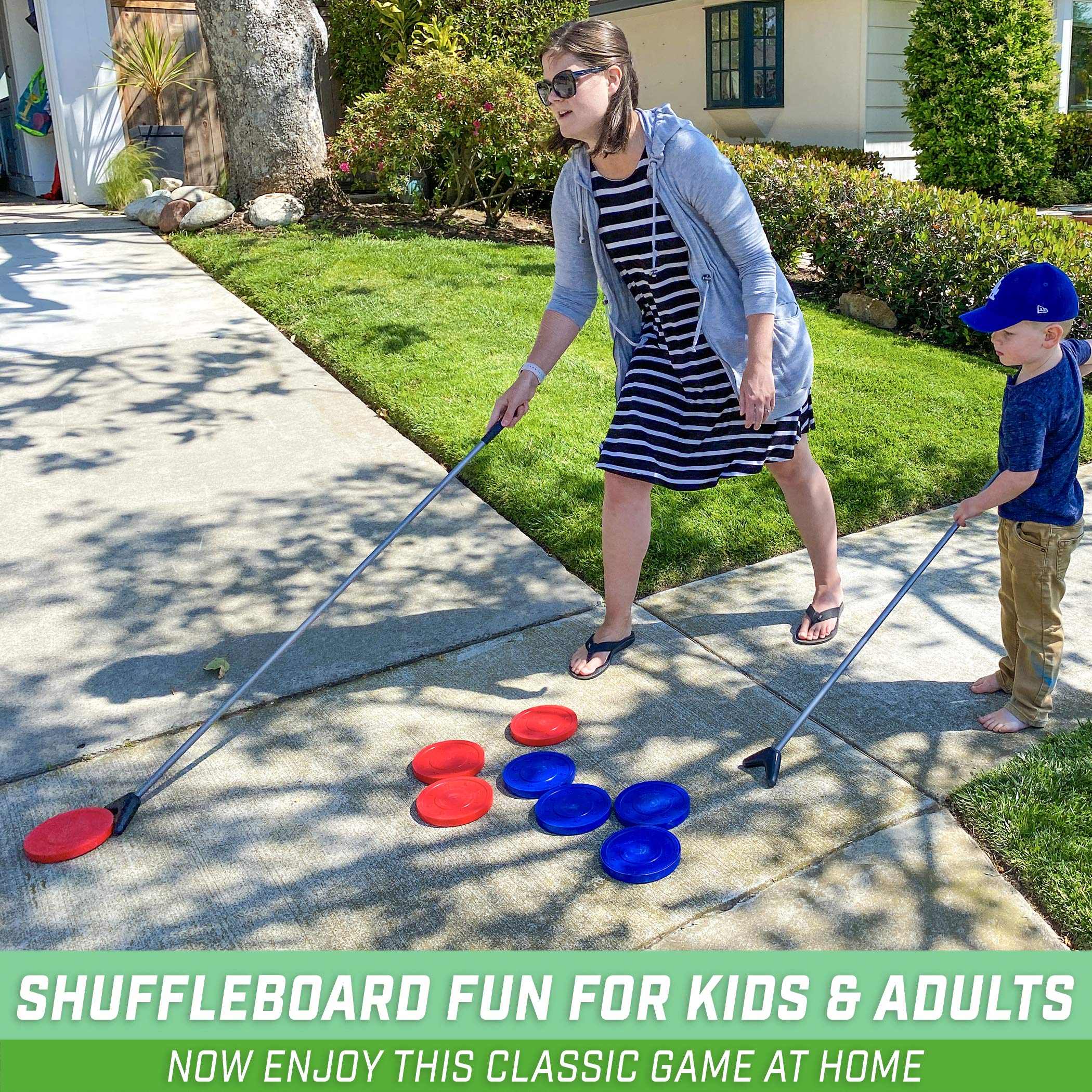 GoSports Driveway Shuffleboard Game Set - Includes 2 Shuffleboard Cue Sticks, 8 Pucks, 2 Pieces of Chalk