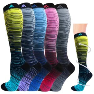 5 pairs graduated compression socks for women&men 20-30mmhg knee high socks compression stockings athletic socks(multicoloured 1, small/medium(us size)