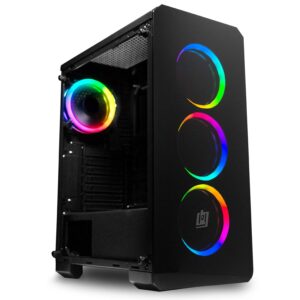 deco gear mid-tower pc gaming computer case 3-sided tempered glass and led lighting - mini-itx, micro-atx, atx - includes 4 120mm double ring fans w/expansion for more, 7 expansion slots, 4 drives