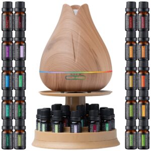 aromatherapy essential oil diffuser gift set with 20 oils and rotating display stand - 400ml ultrasonic diffuser with 20 essential plant oils - 4 timer & 7 ambient light settings