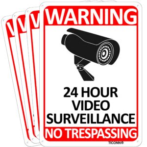 ticonn 4-pack 24 hour video surveillance sign, no trespassing aluminum warning sign, 10’’x7’’ for cctv security camera - reflective, uv protected