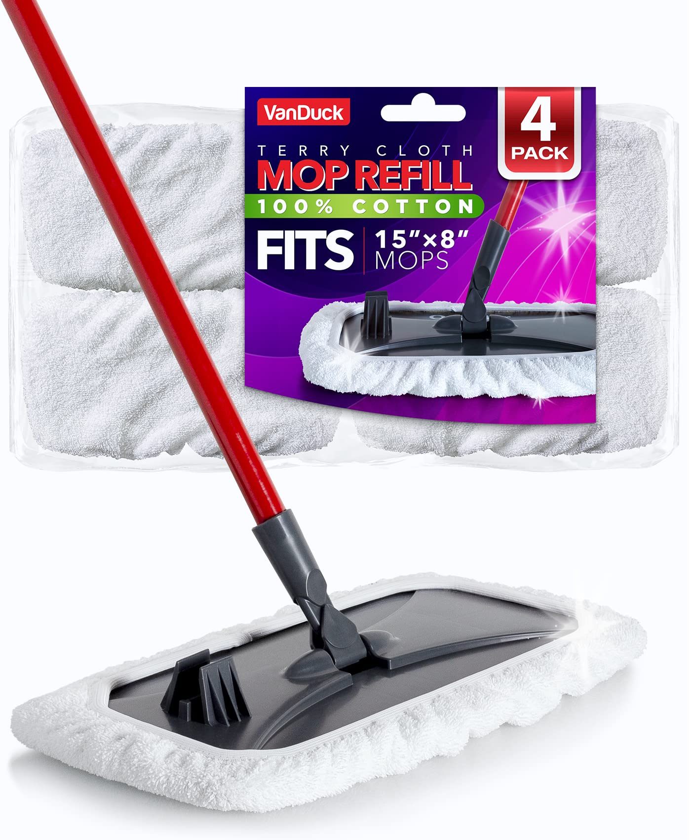 VanDuck 100% Cotton Pad Terry Cloth Mop Refills 15x8 inch (4-Pack)