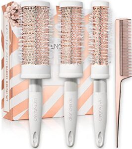 round brush set for women - luxury hair brushes - blowout round barrel hairbrush for blow drying with tail comb by lily england (white & rose gold)
