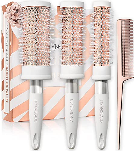 Round Brush Set for Women - Luxury Hair Brushes - Blowout Round Barrel Hairbrush for Blow Drying with Tail Comb by Lily England (White & Rose Gold)