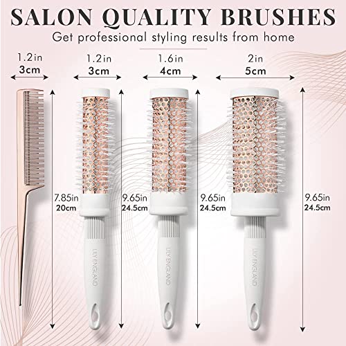 Round Brush Set for Women - Luxury Hair Brushes - Blowout Round Barrel Hairbrush for Blow Drying with Tail Comb by Lily England (White & Rose Gold)